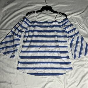 Calvin Klein Blue and White Off-Shoulder Bell Sleeve Blouse